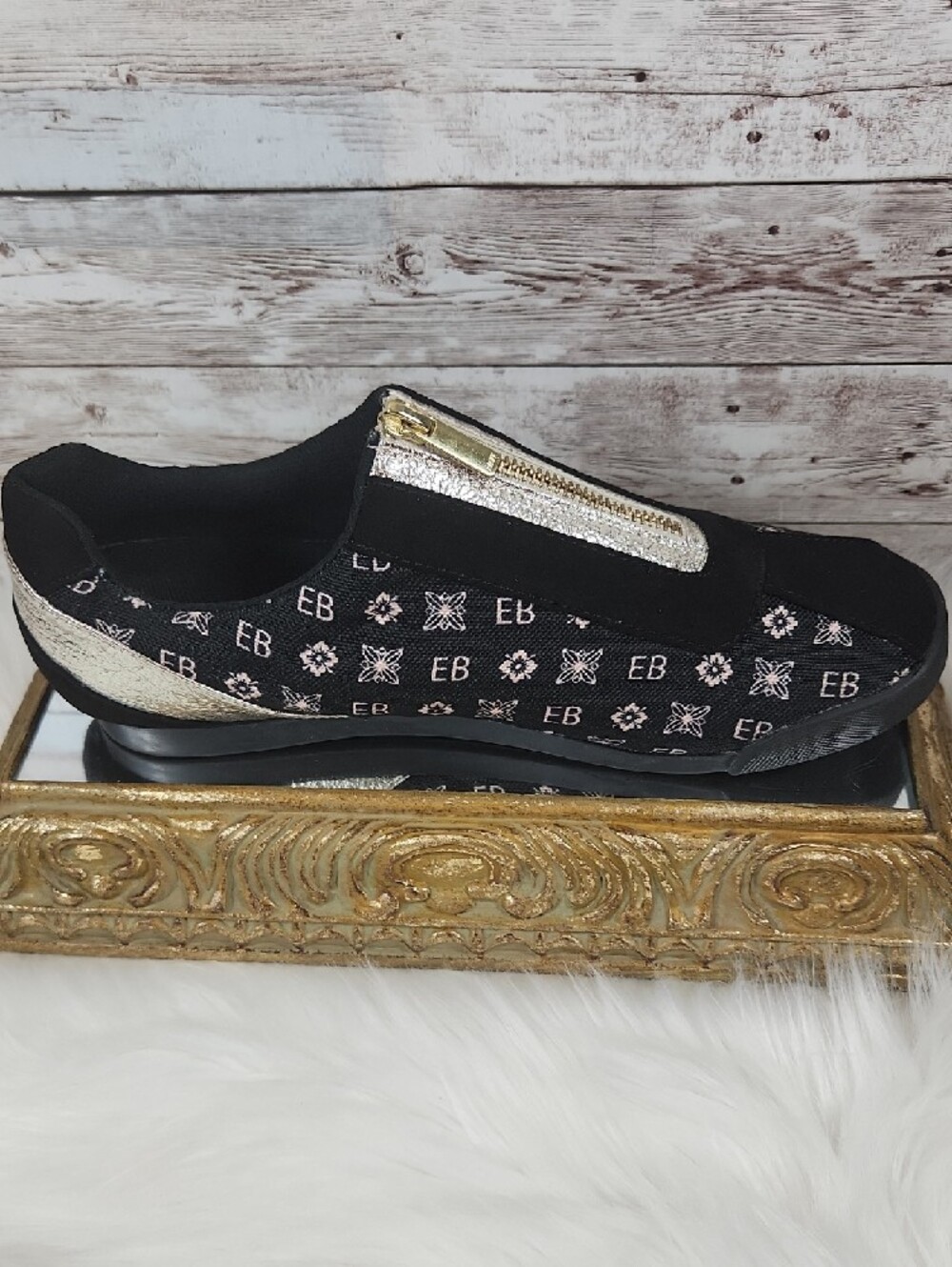 Women's Black & Gold Slip-On Sneakers with Top Zip - Picture 3 of 6